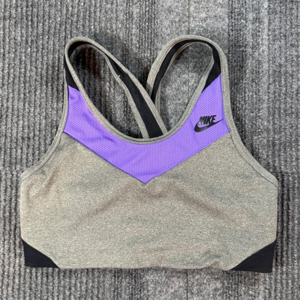 Nike Pro Womens Sports Bra Gray Purple Black Colorblock Crossback Gym Top Small